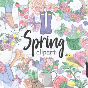 Spring Clipart Bundle, clipart PNG designs, wildflower spring clipart, rainboots, umbrella graphics, spring pastel clipart For Scrapbook