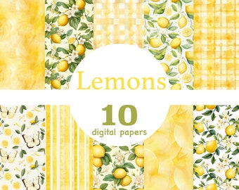 Lemon Digital Paper: Citrus Garden Seamless Patterns (JPEG)