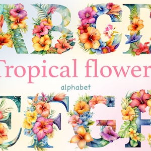 Alfabeto de flores tropicales, invitación de boda con fuente de verano, invitación de boda tropical, invitación de boda de Hawaii, letra png, alfabeto png