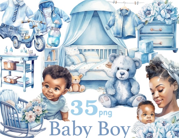 Black Baby Boy Clipart: Baby Shower PNG Set (35 Files)