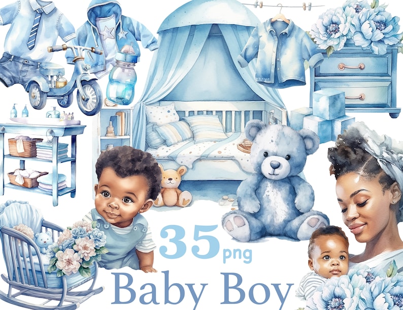 Baby Boy Black Clipart. Watercolor black baby, black baby in mother's arms, blue children's toys, tricycle, blue bear soft toy, children's bedroom scene in blue tones, blue shirt for a boy, blue dresser with peonies, changing table
