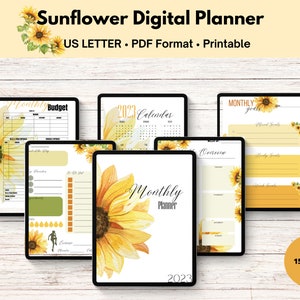 May include: A digital planner with a sunflower theme. The planner includes pages for budgeting, monthly goals, a calendar, and a daily log. The planner is designed for US Letter size paper and is printable.