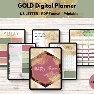 May include: A digital planner with a gold and pink marble design. The planner includes pages for weekly schedules, monthly calendars, habit trackers, and meal plans. The text "GOLD Digital Planner" and "50+ PAGES" is visible on the image.