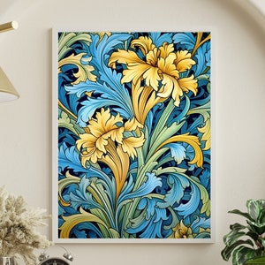 William Morris Set of 4 Style Art Nouveau Print, Flower Prints, Art Nouveau Prints, Downloadable Art, Vintage Botanical Prints,Blue Prints