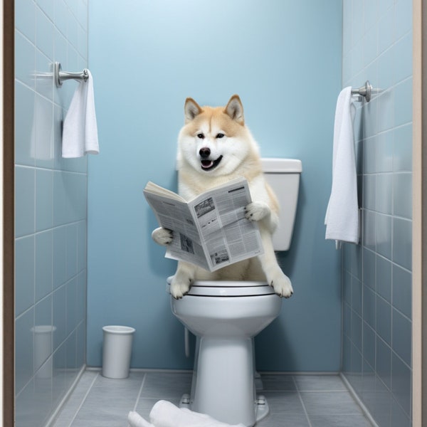 Akita Inu, Akita Sitting On Toilet, Japanese Dog, Akita Art Print, Dog Wall Art, Elegant Decor, Akita Photo