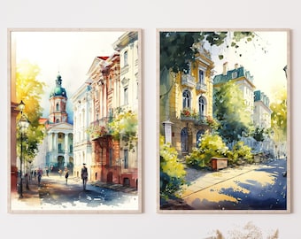 Acuarela de una escena callejera de Kyiv, arquitectura ucraniana (descarga digital)