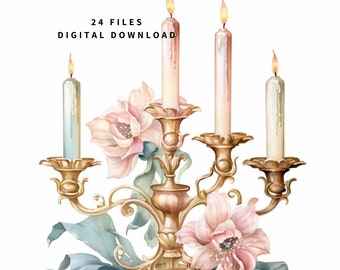 Shabby Chic Candlesticks Clipart Set - 24 Watercolor Images - Digital Download Clipart Set of 24