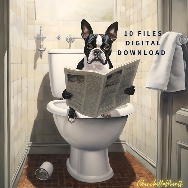 Boston Terrier Dog Boston Terrier sitting on the toilet and reading a newspaper Fun bathroom wall decor Fun and unusual animal prints