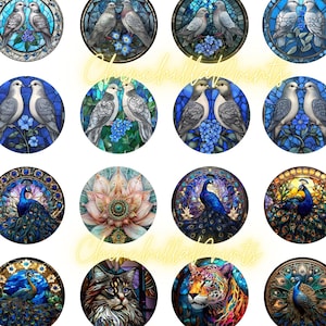 Vitrales de 45 mm con animales, pájaros y flores, círculos, imágenes colgantes, collages, hojas, efímeras imprimibles, revistas basura, cartas de bolsillo.