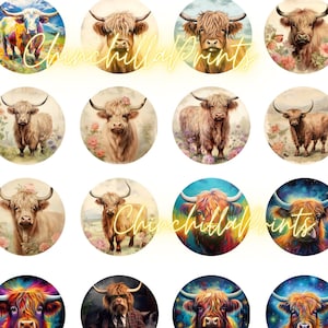 May include: A selection of circular stickers displaying artistic images of Highland cattle. The designs vary in style, using bright colours and detailed depictions of the animals. Some stickers include the text "ChinchillaPrints".