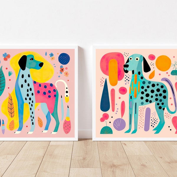 Dog Art Posters Matisse Style Abstract Art Pastel Colors Cute Animals Simple Illustration