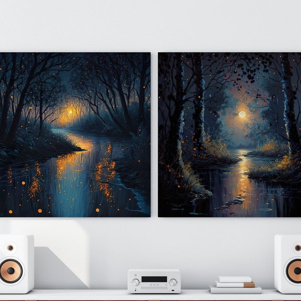 Fireflies art print Starry night sky print Enchanted forest art Mystical fantasy forest at night Night Forest Wallpaper Images