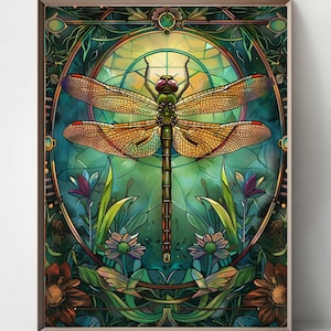Conjunto de 4 libélulas Art Nouveau, Hermosa libélula con flores, Arte mural, Descarga instantánea, Estilo William Morris 3:4