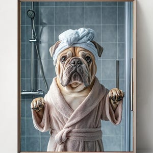 English bulldog Set of 3 in the shower, Fun Bathroom Wall Decor, Fun and Quirky Animal Prints, Art Prints for