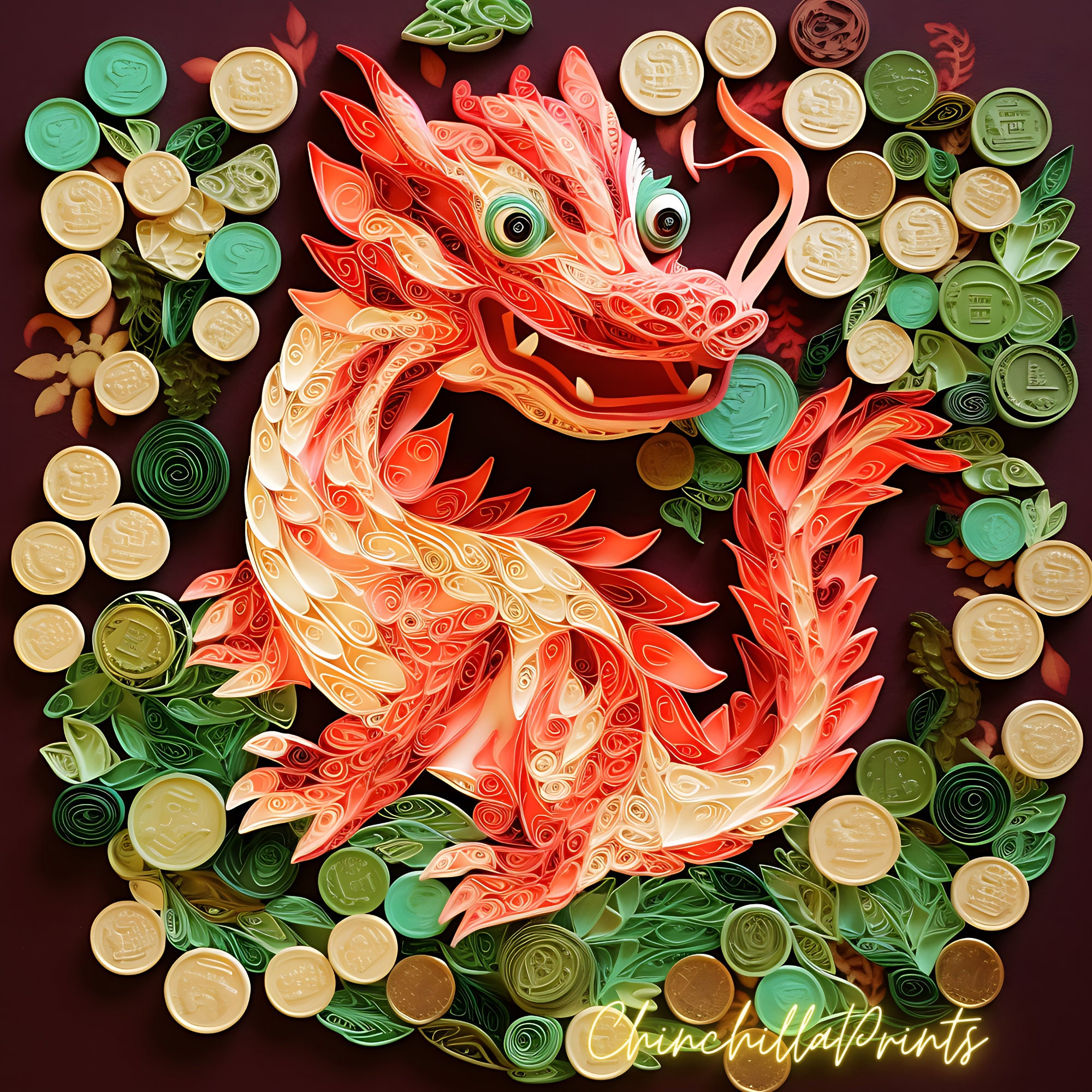 Quilling paper art of a symmetrical dragon with multiple horns on