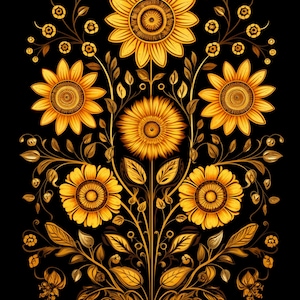 Sonnenblume 5er Set, Dekorative Sonnenblumen, Sonnenblumendruck, Volkskunst, Goldmalerei, Botanische Wandkunst, Wandkunst, Blumenwandkunst Sonnenblume