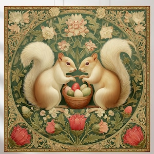May include: A square decorative print featuring two cream-colored squirrels holding a basket of Easter eggs. The squirrels are set against a green background with floral and leaf patterns, and red and pink flowers. The print has a vintage, artistic style.