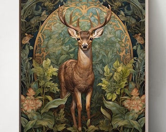 May include: A brown deer with antlers stands in a lush green forest with gold accents. The deer is surrounded by green leaves and flowers.