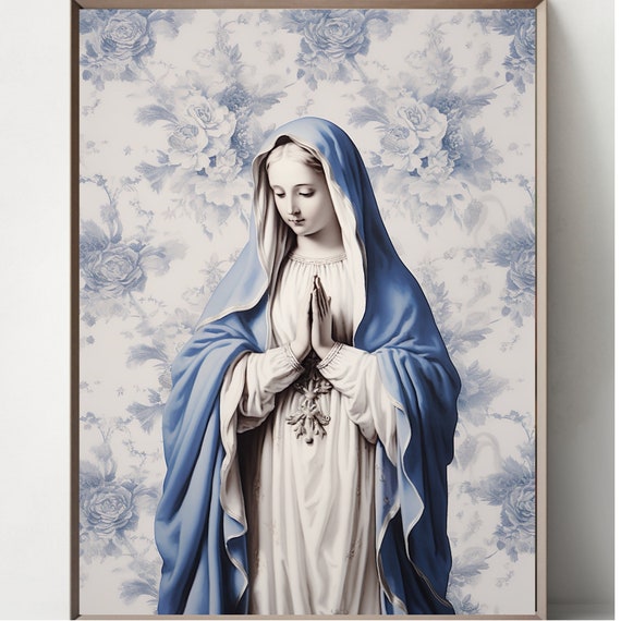 聖母マリアの水彩画アートプリント：カトリックのキリスト教の装飾