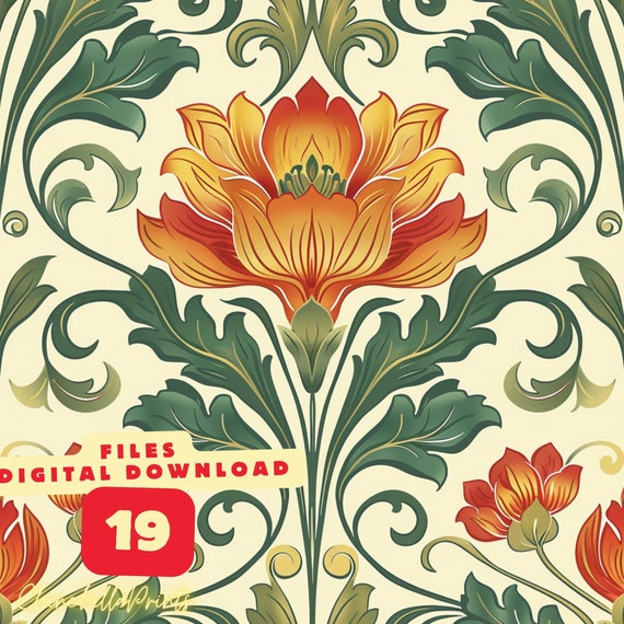 William Morris Art Nouveau Floral Pattern: Gold Stained Glass (Digital Download)