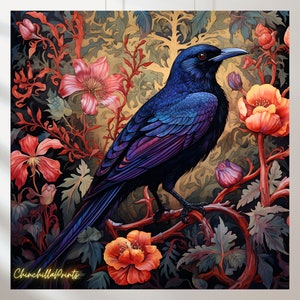May include: A vibrant illustration of a bird perched on a branch, surrounded by flowers and foliage. The bird has iridescent blue and purple feathers. The artwork features a rich color palette of red, orange, and green against a dark background. The artist's name, "ChinchillaPrints", is in the bottom left corner.