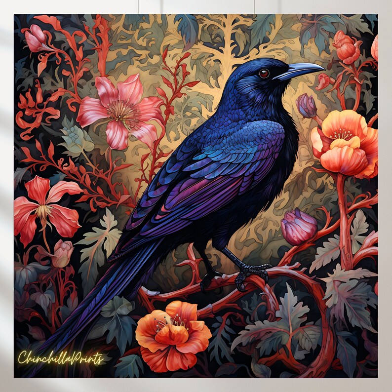 May include: A vibrant illustration of a bird perched on a branch, surrounded by flowers and foliage. The bird has iridescent blue and purple feathers. The artwork features a rich color palette of red, orange, and green against a dark background. The artist's name, "ChinchillaPrints", is in the bottom left corner.