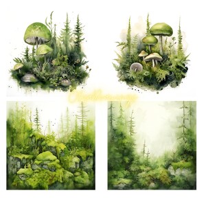 Set of 5 Green landscape Scandinavian style Moss Watercolor