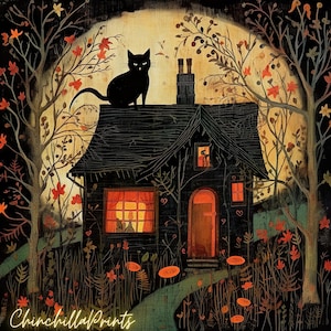 Black cats, Witch art, Halloween wall art, halloween prints, witches and cats in the deserted countryside,  world, Bats
