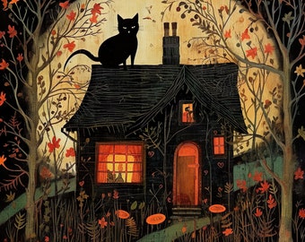 Wydruk artystyczny „Czarownica i czarne koty”: Scena na Halloween na wsi (pobranie cyfrowe, 24x24 cale)