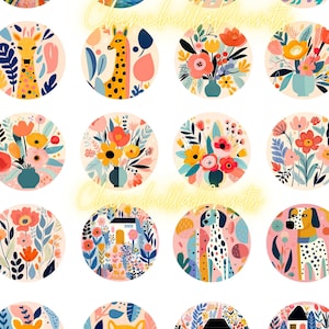 May include: A set of 16 colourful round stickers featuring various illustrations, including a giraffe, a dog, flowers, and a house. The stickers are perfect for adding a touch of whimsy to journals, laptops, or other surfaces.