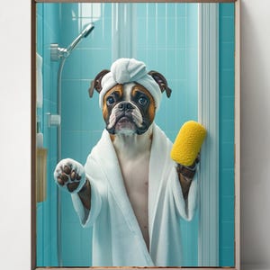 Boxer dog Set of 5 in the shower, Fun Bathroom Wall Decor, Fun and Quirky Animal Prints, Art Prints for Home