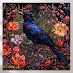 May include: A vibrant square print featuring a detailed illustration of a crow perched on a branch, surrounded by colorful flowers and foliage. The crow has iridescent blue and purple feathers. The artwork has a dark background with the text "ChinchillaPrints" in the bottom left corner.