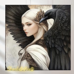 Peut inclure: Une femme aux longs cheveux blancs et une couronne dorée est représentée avec un corbeau noir perché sur son épaule. Les ailes du corbeau sont déployées derrière elle, et le visage de la femme est légèrement tourné vers l'extérieur. L'arrière-plan est d'une couleur douce et tamisée.
