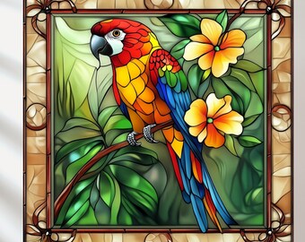 オウムのステンドグラスプリントセット：鮮やかな鳥の絵5枚（デジタル