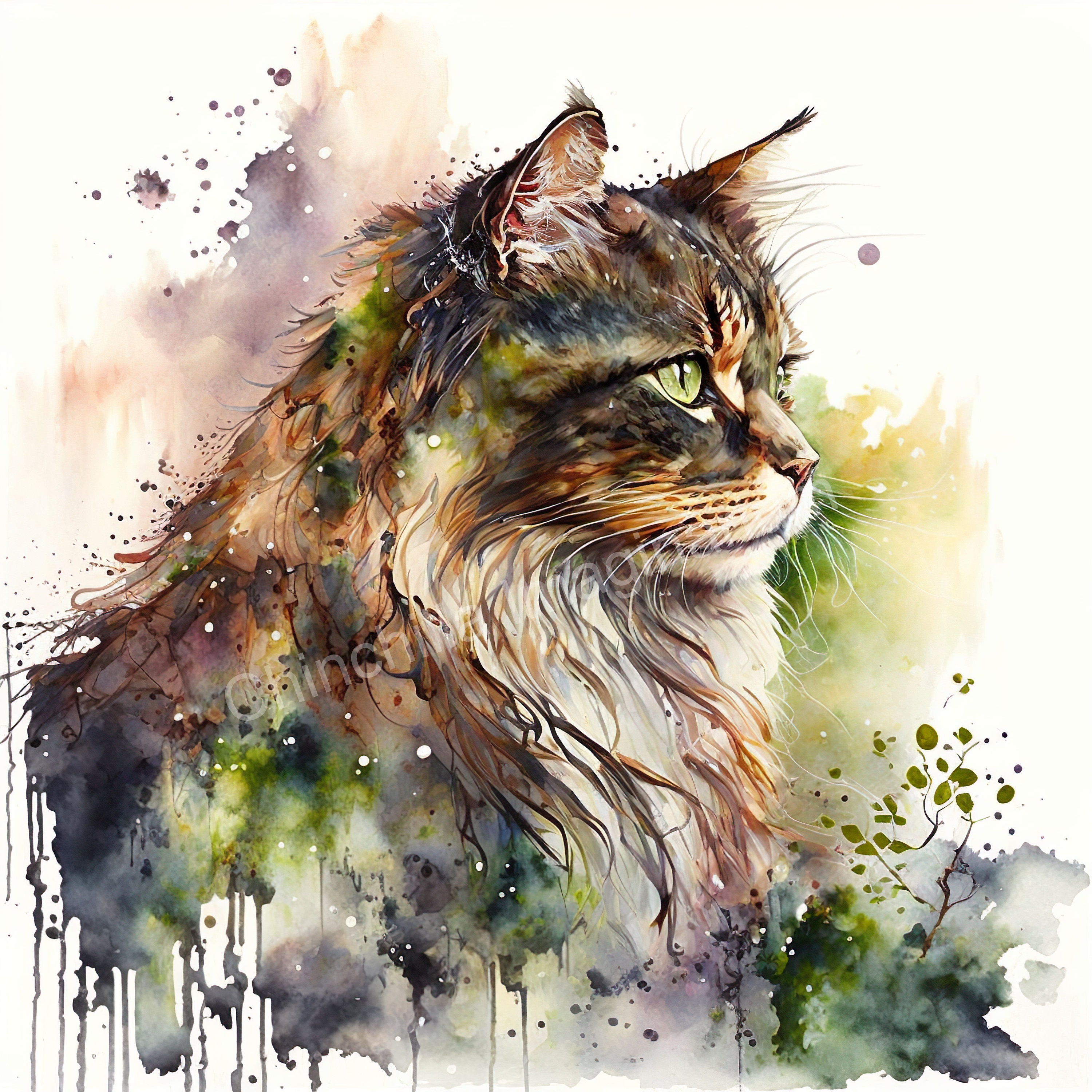 【原画販売】ノルウェージャンフォレストキャットの水彩画 ノルウェージャンフォレストキャットの水彩画：緑の猫の肖像画