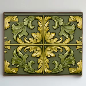 Può includere: Pannello decorativo incorniciato con un motivo floreale ripetuto. Il design è composto da foglie stilizzate nei toni dell'oro e del verde, su uno sfondo verde tenue. La cornice è di colore marrone scuro.