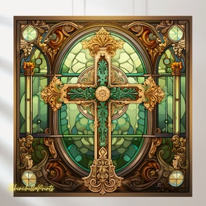May include: A stained glass window design featuring a green cross with gold accents. The cross is surrounded by intricate gold and green patterns, creating a beautiful and ornate design.