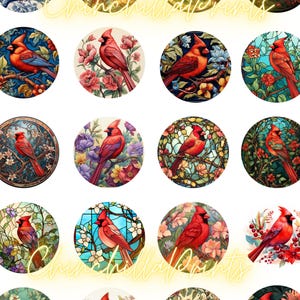 Op de afbeelding: Een verzameling ronde afbeeldingen met felrode kardinaalvogels op takken met bloemen. Elke afbeelding heeft een unieke bloemen- of glas-in-lood achtergrond. De tekst "ChinchillaPrints" staat over de afbeeldingen.