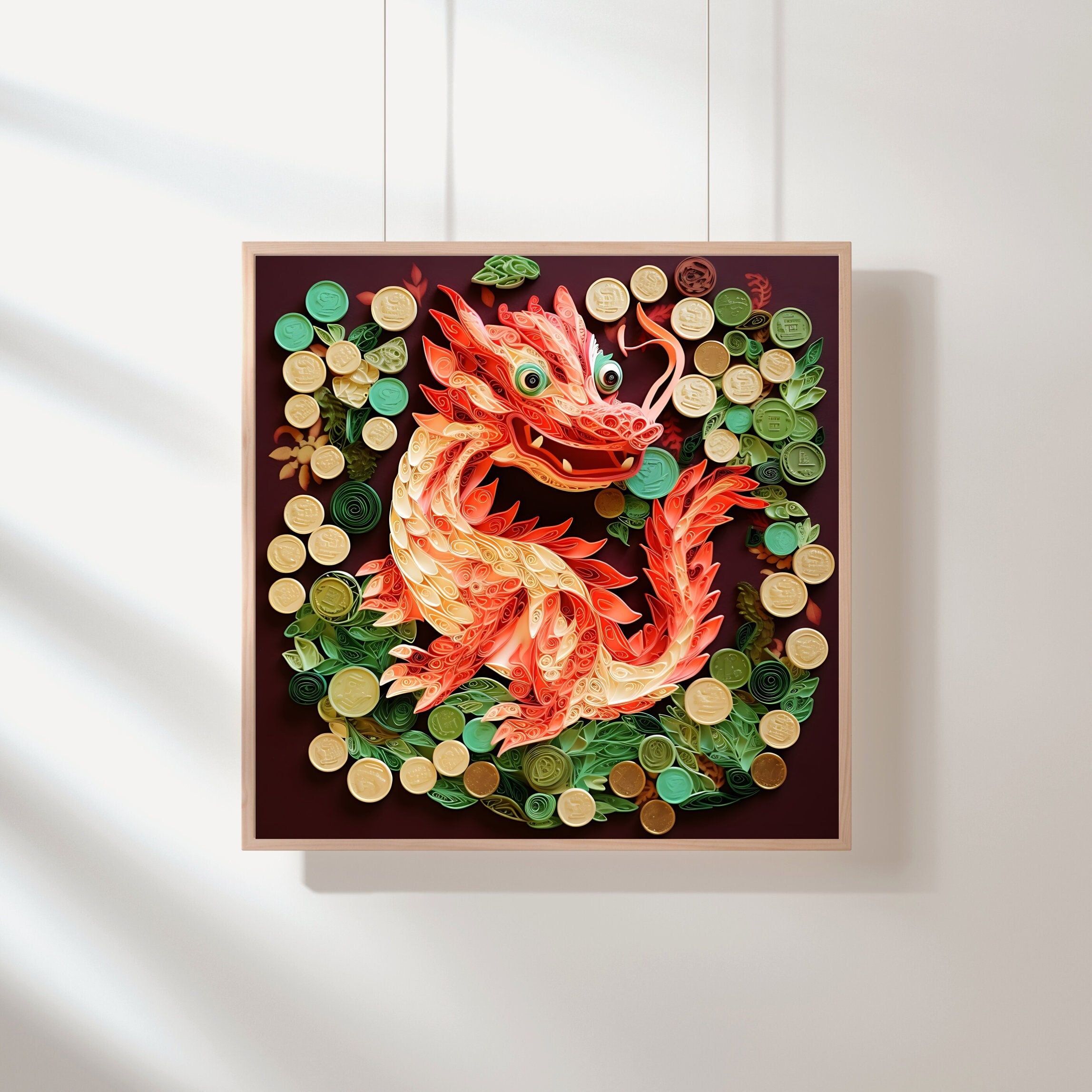 Quilling paper art of a symmetrical dragon with multiple horns on
