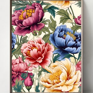 May include: A framed floral print featuring a vibrant pattern of large peonies. The flowers are in shades of red, pink, blue, and yellow, with green leaves and stems against a cream background. The artwork is in a vertical orientation.
