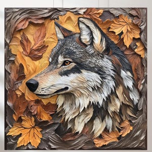 May include: A detailed relief carving of a wolf's head in profile, surrounded by autumn leaves. The wolf has gray, white, and brown fur, with amber eyes and a black nose. The leaves are in shades of brown and orange, creating a warm, naturalistic scene.