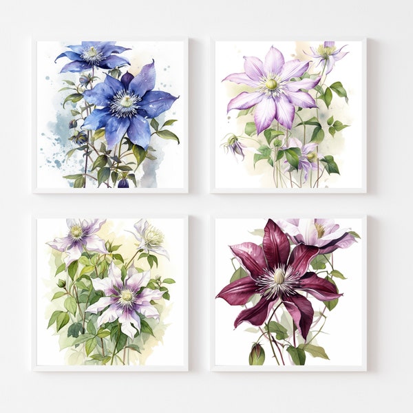 Clematis Blue Clematis Watercolor Painting Flowers Floral Art Digital Art Print Floral Digital Wall Art Gift Floral Art Clipart