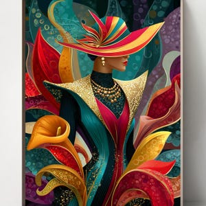 以下が含まれることがあります： カラフルな帽子とドレスを着た人物の芸術的なイラスト。帽子は赤、黄、青のストライプ模様です。ドレスはティール、赤、金です。背景はティール、紫、金の混合です。