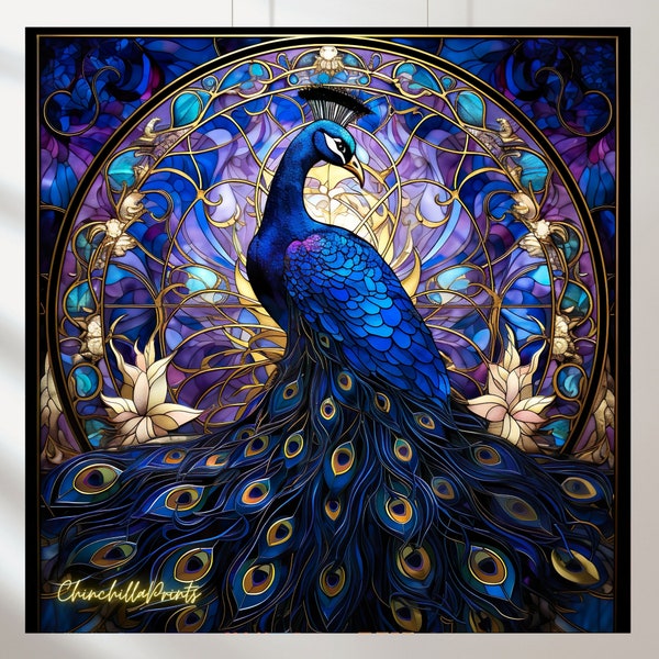 Stained glass Peacock, Bright painting, Wall decor, PNG file