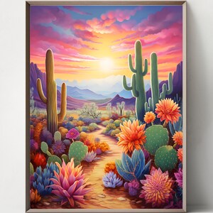 K&ouml;nnte beinhalten: Ein Gem&auml;lde einer W&uuml;stenlandschaft mit einem Sonnenuntergangshimmel. Das Gem&auml;lde zeigt zwei hohe Kakteen, eine Vielzahl von bunten Blumen und einen Weg, der in die Ferne f&uuml;hrt.