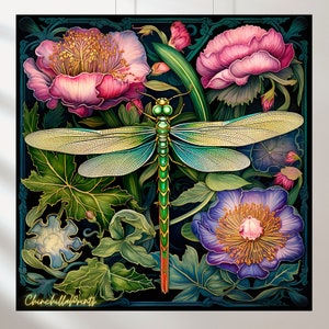 Conjunto de 5 libélulas Art Nouveau, Linda libélula em flores, Arte de parede, Download instantâneo, Estilo William Morris
