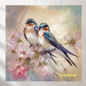 Swallows Art Print: Romantic Bird Painting, Soft Pastel (Digital Download)