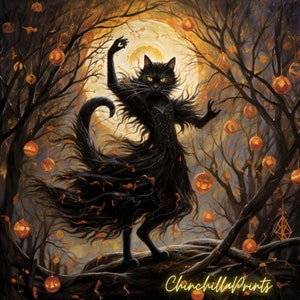Set med 5 häxkatter-tryck: Kitty Sabbath Halloween-konst (digital nedladdning)