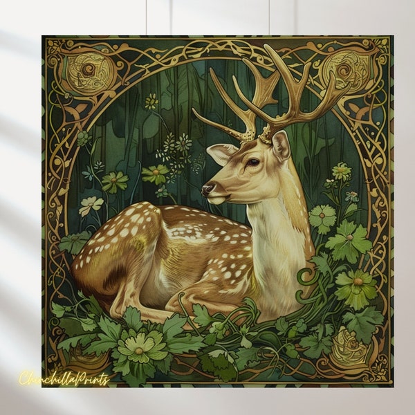 Deer 5 Cliparts with deer, Art Nouveau, William Maurice style, Art Nouveau style, Watercolor deer, Fawn, Unique paintings, Set of 5 items