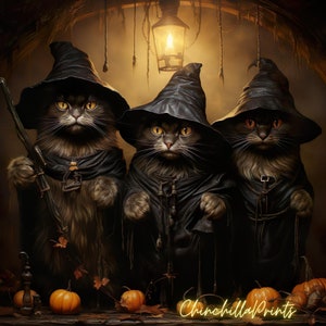 May include: Three gray cats dressed as witches, wearing black cloaks and hats, stand in a dimly lit, rustic setting. A lantern hangs above them, casting a warm glow. Pumpkins and autumn leaves are scattered on the ground, creating a Halloween theme.